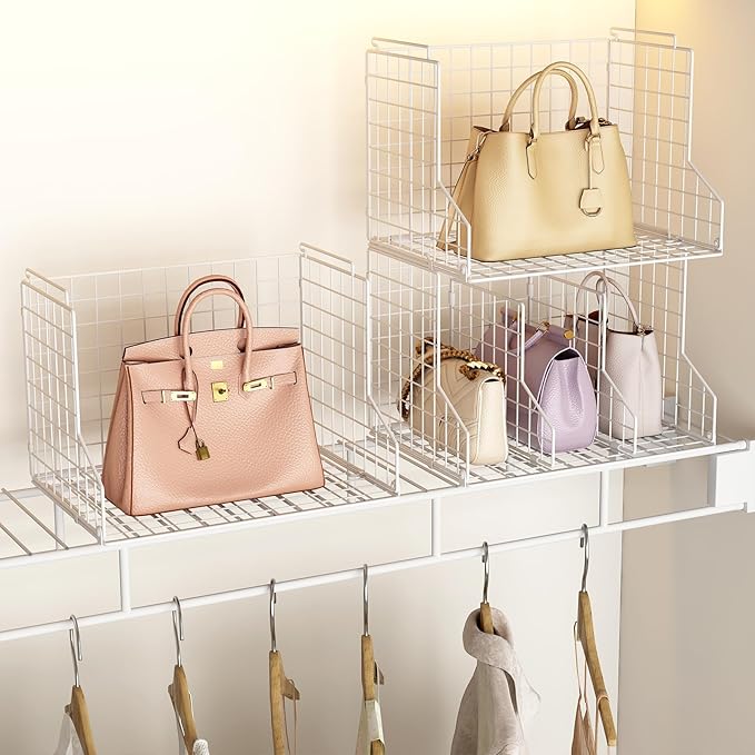 Sonyabecca Purse Storage Organizer for Closet : Adjustable 2-Pack Dividers Handbag Organizer - Stackable Wire Handbags Storage Baskets -Open Cabinets Wallets Tote Chain Bags Clutches -White