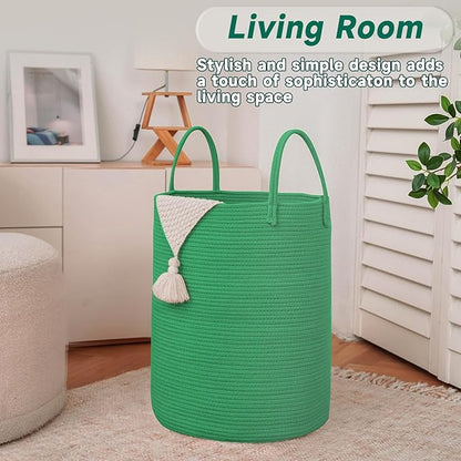 JMvicyroam Large Woven Laundry Basket Hamper,60L Cotton Rope Storage Bin for Blankets,Toys and Clothes,Decorative Tall Nursery Hamper for Living Room,Baby Nursery,Bathroom and Bedroom,Dark Green