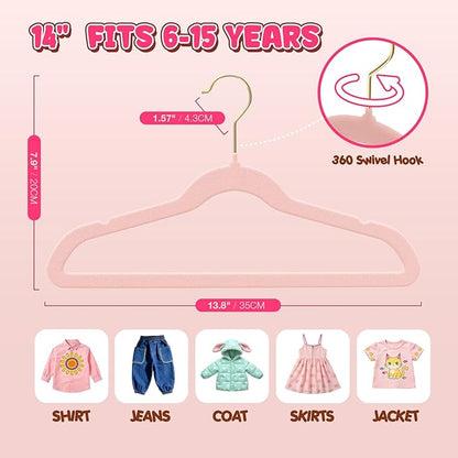 Korpai 50 Pack Kids Velvet Hangers 14 Inch, Non-Slip, Ultra Slim,Space-Saving Kids Hangers with 360° Swivel Hook, 7LBS Capacity, Kids Clothes Hangers Ideal for Childrens' Dresses/Shirts/Coats,Pink