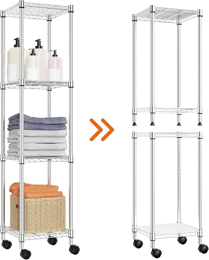 M MZG Storage Shelves Adjustable, 4 Tier Shelving Units for Storage with Wheels, Corrosion Resistant Wire Shelving Unit for Kitchen Closet Bathroom Office, Chrome 11.8" D x 11.8" W x 48.1" H