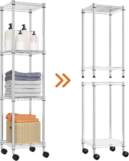 M MZG Storage Shelves Adjustable, 4 Tier Shelving Units for Storage with Wheels, Corrosion Resistant Wire Shelving Unit for Kitchen Closet Bathroom Office, Chrome 11.8" D x 11.8" W x 48.1" H