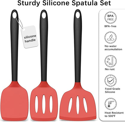 Coukre 3 Pack Silicone Spatula Set, High Heat Resistant, BPA-Free, Fish Spatula, Solid & Slotted Turner for Non-Stick Pans, Flipping Eggs, Pancakes, Fish, Burgers (3, Red)