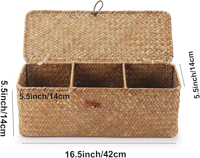 Seagrass Tank Basket with Lid Woven Toilet Roll Storage Basket with Sections Rectangular for Organize Snack Toys Tampon (Large Compartment 16.5inch L x 5.5inch W x 5.5inch H) Natural