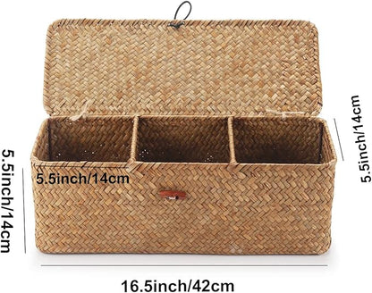Seagrass Tank Basket with Lid Woven Toilet Roll Storage Basket with Sections Rectangular for Organize Snack Toys Tampon (Large Compartment 16.5inch L x 5.5inch W x 5.5inch H) Natural