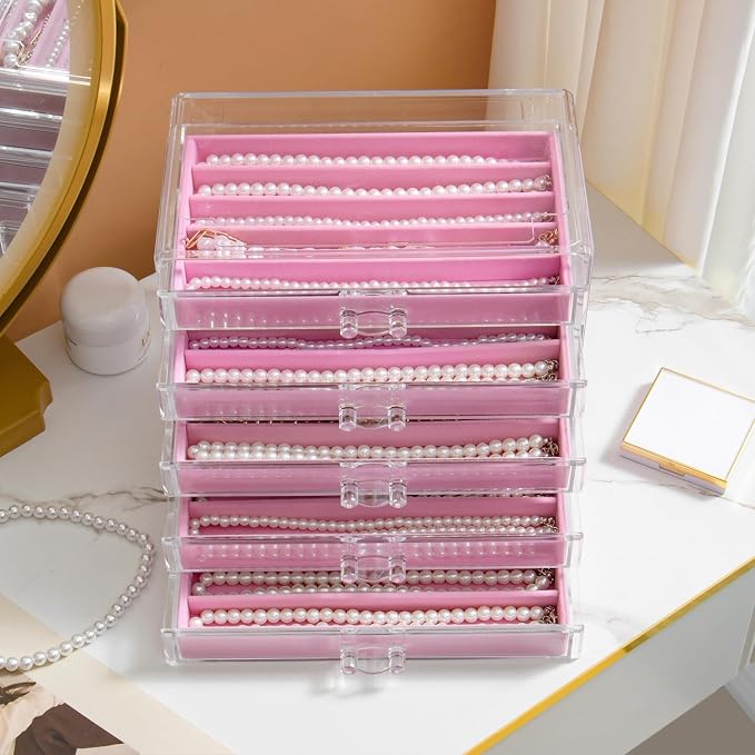 YUFONG Necklace Holder Organizer, Dustproof Necklace Box Velvet Necklace Organizer Box with Lid Clear Acrylic Dustproof Stackable Jewelry Displays for Necklaces Chain Display (Pink, 5 Drawer)