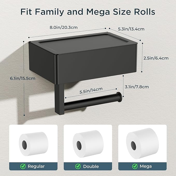 FORIOUS Toilet Paper Holder with Shelf, Sanitary Napkin Receptacle Tampon Holder, Wall Mount Toilet Paper Holder with Storage, Flushable Wipes Dispenser Fits for Bathroom Commercial(2, Matte Black)