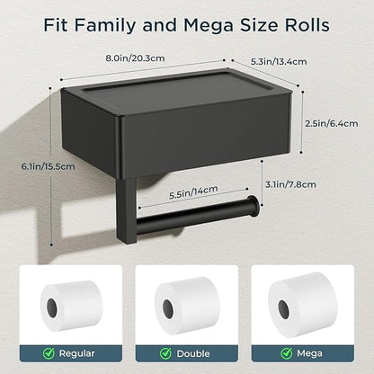 FORIOUS Toilet Paper Holder with Shelf, Sanitary Napkin Receptacle Tampon Holder, Wall Mount Toilet Paper Holder with Storage, Flushable Wipes Dispenser Fits for Bathroom Commercial(2, Matte Black)