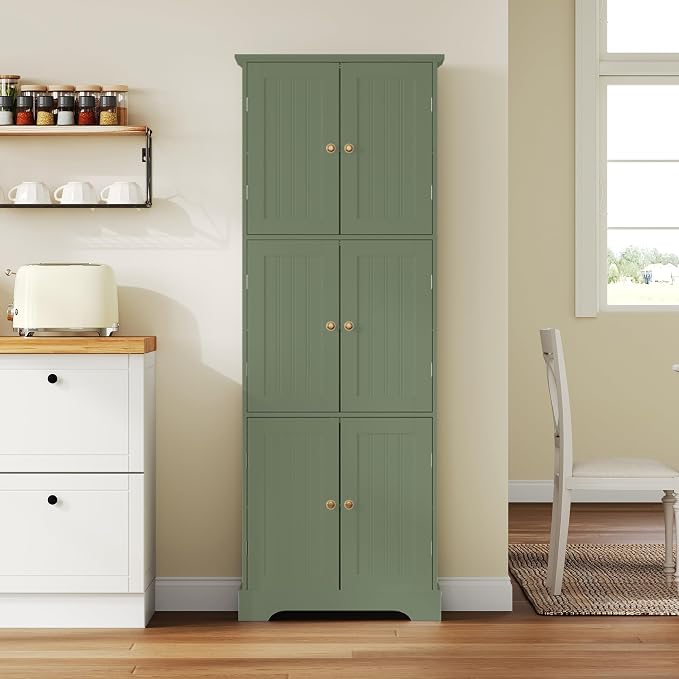 ChooChoo Tall Bathroom Storage Cabinet with 6 Doors, Freestanding Floor Cabinet with Adjustable Shelves, Green Pantry Cabinet for Bathroom, Kitchen, Laundry Room