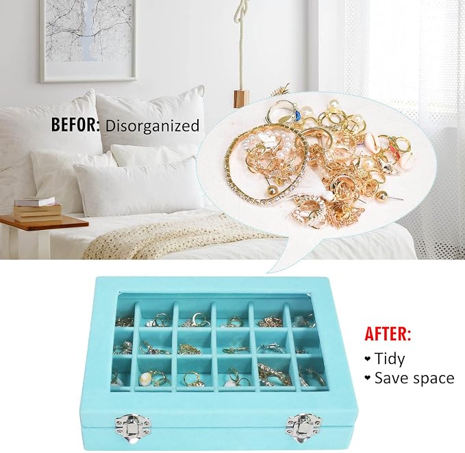 Vicoter Velvet Jewelry Box 24 Grid Jewelry Ring Display Organiser Box Tray Holder Earrings Storage Case for Girls Wife Mom Women (Light Blue)