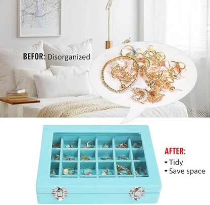Vicoter Velvet Jewelry Box 24 Grid Jewelry Ring Display Organiser Box Tray Holder Earrings Storage Case for Girls Wife Mom Women (Light Blue)