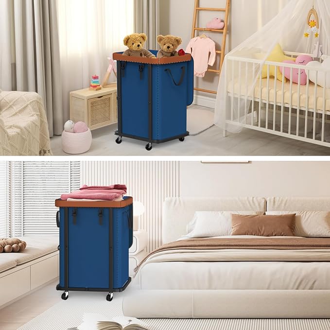 150L (40 Gal) Fashion Laundry Basket with Wheels, Leather Patchwork Rolling Hamper Carts, Sturdy Metal Frame, Removable Washable Bag, Tall Clothes Sorter for Bedroom, Laundry Room - Navy Blue