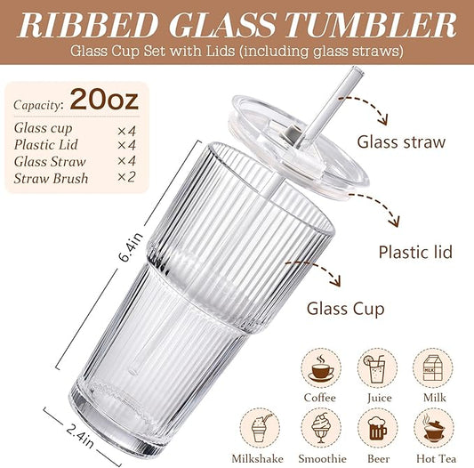 Iced Coffee Cups with Lids: Coffee Bar Accessories - Ribbed Glass Tumbler with Straw and Lid 4Pcs - 20oz Leak Proof Tumbler - Reusable Glass Cups and Tumblers with Lid and Straws for To Go Iced Coffee