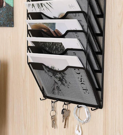 EasyPAG 8 Pocket Mesh Wall File Organizer with Key Hooks, Hanging Paper Folder Holder with Classify Label, Vertical Wall Mount Mail Organizer for Office Home Classroom, Black