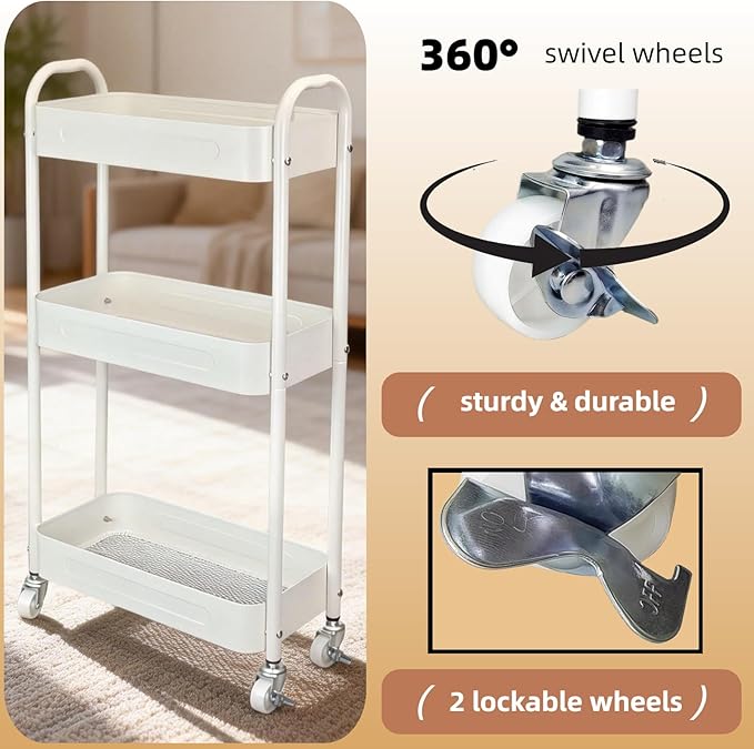 LIWNYRK 3 Tier Narrow Rolling Storage Cart for Laundry Room Bathroom Kitchen, 7.1'' Slim Utility Cart with Wheels and Lockable Casters Standing Shelf for Small Space & Between Washer and Dryer, White