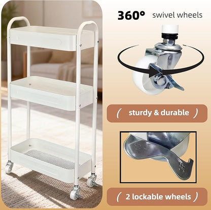LIWNYRK 3 Tier Narrow Rolling Storage Cart for Laundry Room Bathroom Kitchen, 7.1'' Slim Utility Cart with Wheels and Lockable Casters Standing Shelf for Small Space & Between Washer and Dryer, White