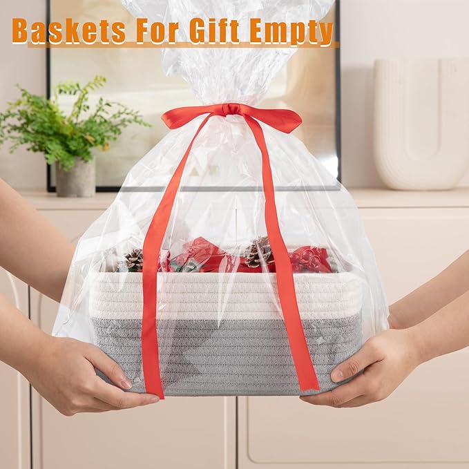 OIAHOMY 4 Pack Storage Baskets for Organizing, Small Bins for Shelves, Cute Decorative Storage Bins, Organizer Baskets for Gifts Empty, 13.8''Lx9.8''Wx5.5''H, Grey/White