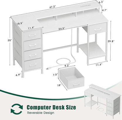 47 Inch Computer Gaming Desk with Power Outlets LED Lights Reversible Home Office with Adjustable Fabric Storage Drawers for Working Writing Study, White