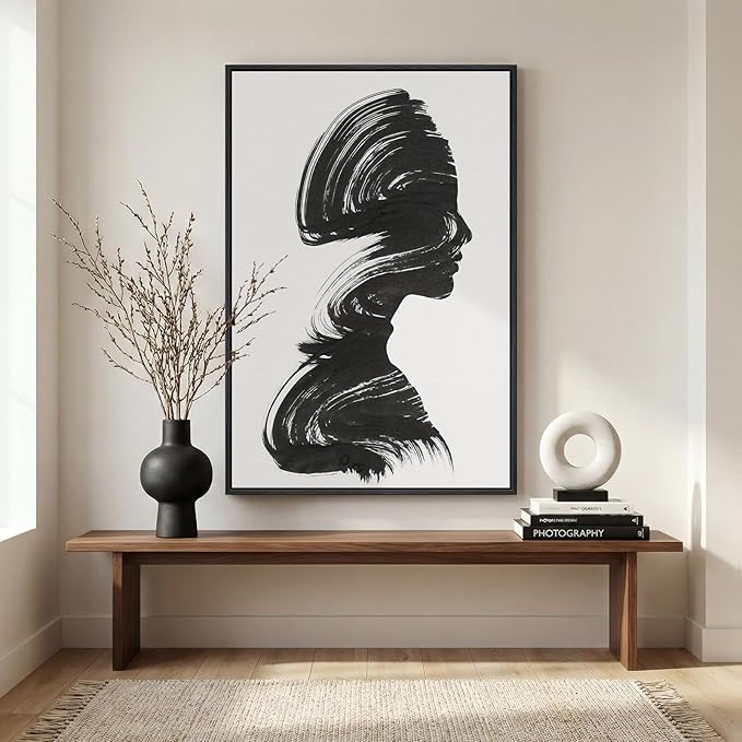 Framed Black and White Abstract Wall Art, Large Modern Minimalist Canvas Prints Paintings Artwork for Walls, Elegant Black Woman Silhouette Pictures for Living Room Dining Bedroom Wall Decor 24x36 In