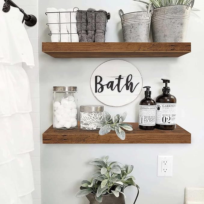 QEEIG Floating Shelves for Wall 23.6" Long - Wall Mounted Shelf Bathroom Kitchen Living Room Bedroom Farmhouse Home Decor Display Bookshelf Large 23.6 x 9.3 inch Set of 2, Rustic Brown (008-60BN)