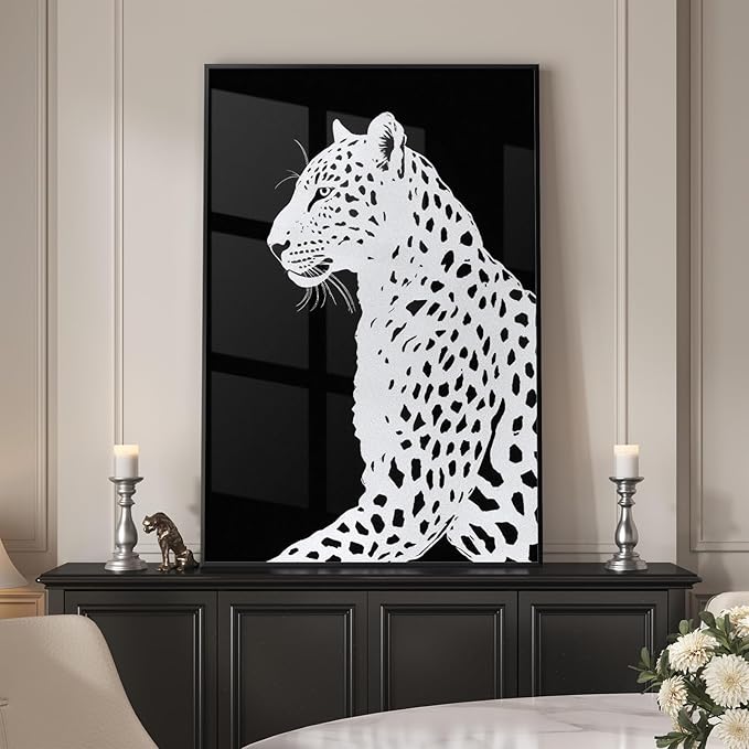 Framed Black and White Wall Art, Large Modern Minimalist Animal Portrait Prints Paintings Artwork for Walls, Elegant Leopard Pictures for Living Room Dining Bedroom Hallway Office Home Decor 24x36In