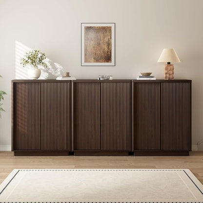 Fluted Shoe Cabinet with Sliding Door Set of 3, 6-Tier Large Hidden Storage Organizer Modern Shoe Rack with Adjustable Shelves, Mid Century Freestanding Wooden Shoe Storage Cabinet for Entryway,Walnut