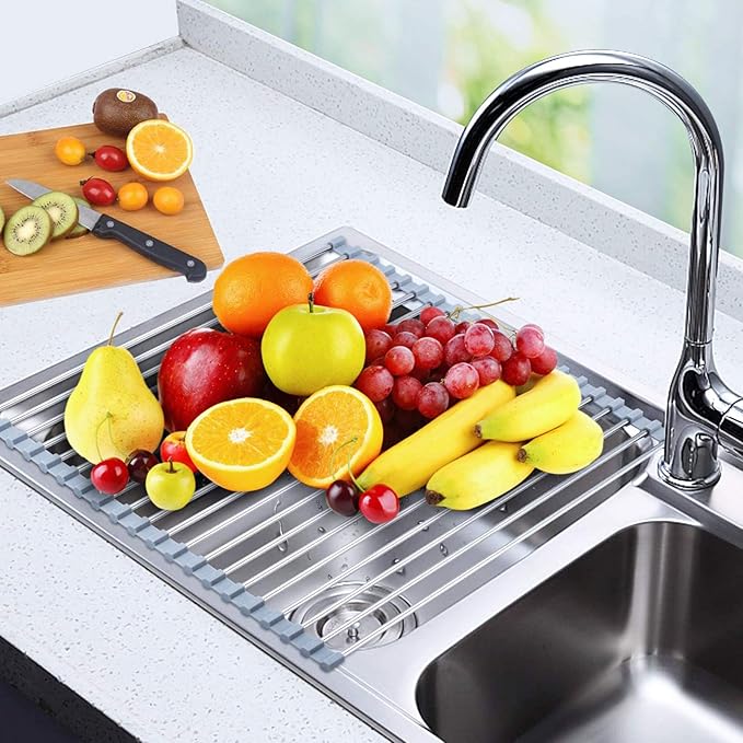 Over the Sink Dish Drying Rack, Searik Roll up Sink Dish Drainer Rack Foldable Kitchen Stainless Steel Dish Rack Sink Drying Rack (17.7” x 11.8”)
