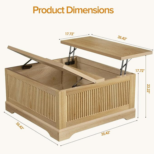Memobarco Lift Top Coffee Table with Storage,Fluted Coffee Tables with Lifting Top,Modern Farmhouse Square Center Table for Living Room, Home Office, with Hidden Compartment, Flip-Up Lids, Natural Oak