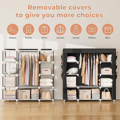 VTRIN Portable Closet Wardrobe for Hanging Clothes 57.3 Inch Large Capacity Clothes Rack with Cover, 10 Storage Organizer Shelves, 1 Hanging Rods and 6 Pockets, Free Standing Closet for Bedroom, Black