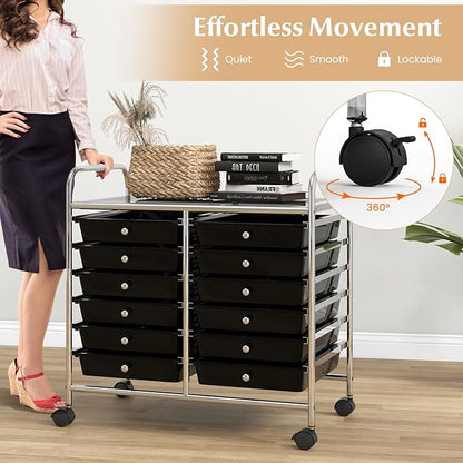 GOFLAME 12-Drawer Rolling Storage Cart, Multifunctional Art Craft Organizer Cart, Mobile Utility Storage Cart with Removable Drawers & Lockable Wheels, Craft Cart for Home Office School, Black
