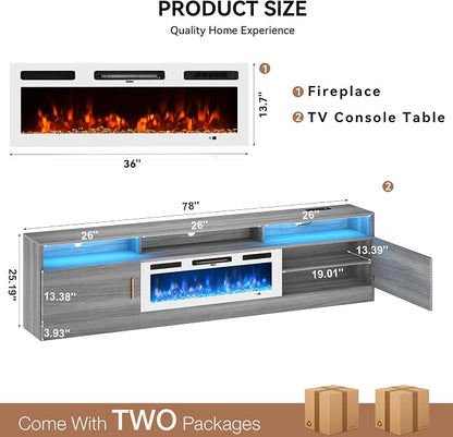 MXV 78" Fireplace TV Stand with Power Outlet for TVs UP to 90", Electric Fireplace Entertainment Center with LED Lights & Storage Cabinets, TV Console for Living Room, Office, Grey-White