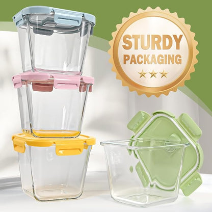 Glass Soup Containers with Lids - 4 Cup Borosilicate Glass Storage Containers, Freezer to Microwave Safe, Airtight Leak Proof, 32oz Square Soup Meal Prep Containers for Lunch Travel- 4 Pack
