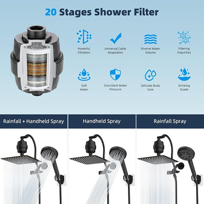 Hibbent All Metal 10'' Dual Filtered Rainfall Shower Head Combo, High Pressure Handheld Shower Head with 12'' Adjustable Extension Arm, 20 Stage Shower Filter, 10-spray, 71'' Hose, Oil Rubbed Bronze