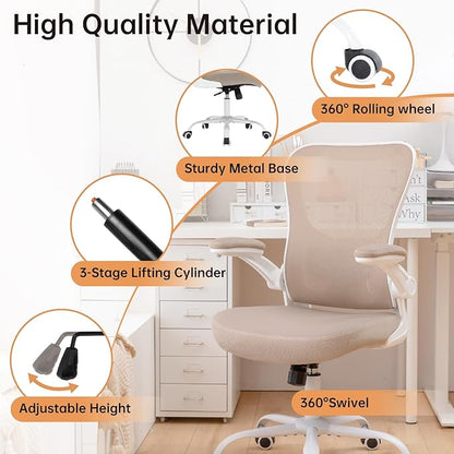 Ergonomic Office Chair,PU Leather Swivel Desk Chair with Lumbar Support,Adjustable Height Executive Task Chair with Flip-Up Armrests,Comfy Coumputer Chair for Home Office(Khaki)