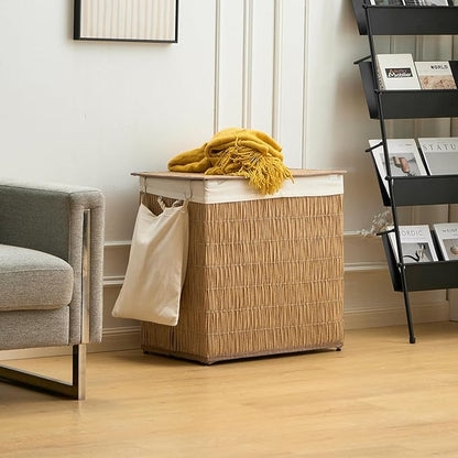 Laundry Hamper with Lid, 39.6 Gallon(150L) Large Laundry Basket 2 Removable Liner Bags, Synthetic Rattan Clothes Hamper with Side Pocket, laundry organization for bathroom, laundry room, Natural