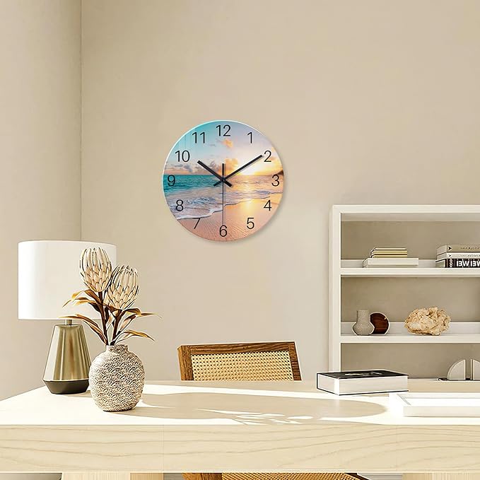 Beach Wall Clock Battery Operated 12 Inch Glass Wall Clock Non Ticking Analog Blue Wall Clocks for Bedroom Living Room Office Decor