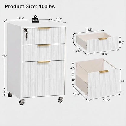 3 Drawers Fluted Mobile File Cabinet with Lock, Rolling File Cabinet Printer Stand Table, Under Desk Wooden Filing Cabinets for Home Office Essentials Storage Organization Furniture Letters/A4(White)