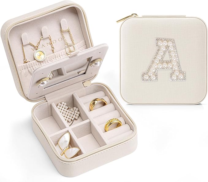 Vlando Wedding Gifts for Women, Jewelry Box, Bridal Shower Gifts, Bridesmaid Gifts for Wedding Day Bride Gifts, Personalized Jewelry Case, Valentines Gift Box - Letter A, White