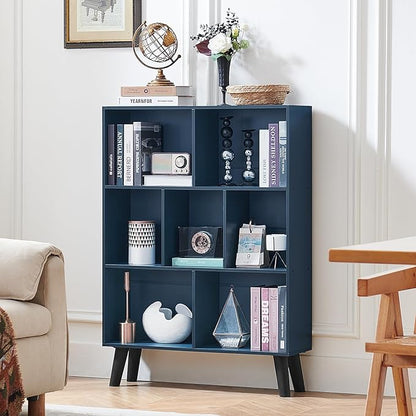 LEYAOYAO Cube Bookshelf 3 Tier Mid-Century Rustic Dark Blue Modern Bookcase with Legs,Retro Wood Bookshelves Storage Organizer Shelf,Freestanding Open Book Shelves for Bedroom,Living Room,Office
