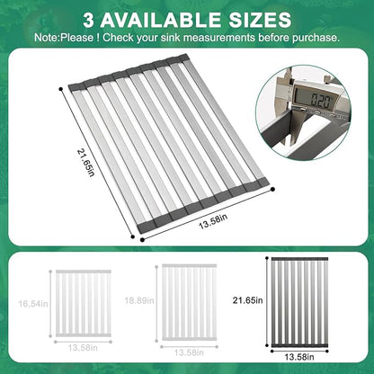 21.6" X 13" Roll Up Dish Drying Rack，Over The Sink Drying Rack 304 Stainless Steel Foldable Heat-Resistant Dishes Drainer for Kitchen and RV Sink Counter