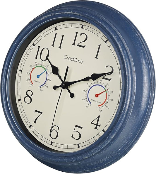 Outdoor Clock with Thermometer & Hygrometer Combo - Waterproof Vintage Coastal Decor Wall Clock for Patio, Pool, Garden, Backyard, Bathroom - 12 Inch, Blue