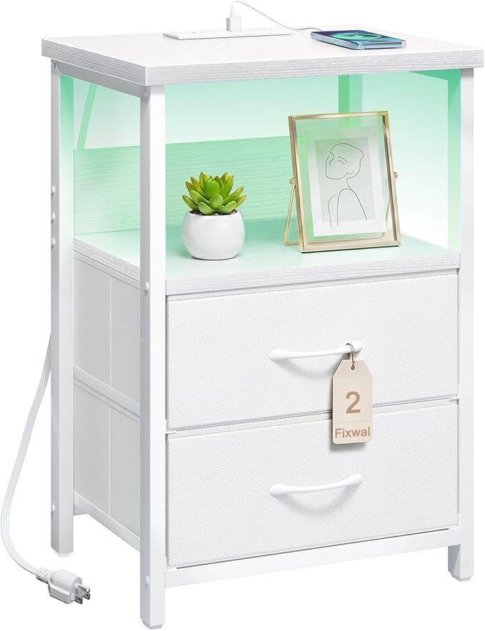 Fixwal White Nightstand for Women Bedroom, LED Night Stand with Charging Station, Bed Side Table with 2 Fabric Storage Drawers