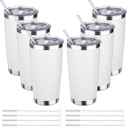 20oz Tumbler Bulk with Lid and Straw, Stainless Steel Double Wall Vacuum Insulated Travel Mug, Powder Coated Coffee Cups for Hot and Cold Drinks,Funny Gifts for Women Men(White,6)