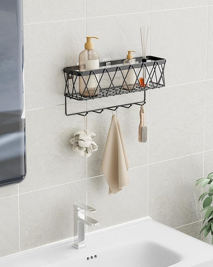 Key Holder Wall Mount Adhesive- Key and Mail Holder for Wall with 5 Hooks, Wall Mounted Mail Organizer and Key Rack, Modern Basket Key Hanger for Entryway, Home, Living Room Wall Decor, Black