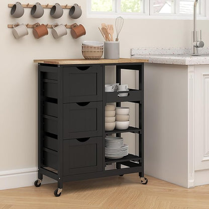 HOMCOM Rolling Kitchen Island Cart, Bar Serving Cart, Compact Trolley on Wheels with Wood Top, Shelves & Drawers for Home Dining Area, Black