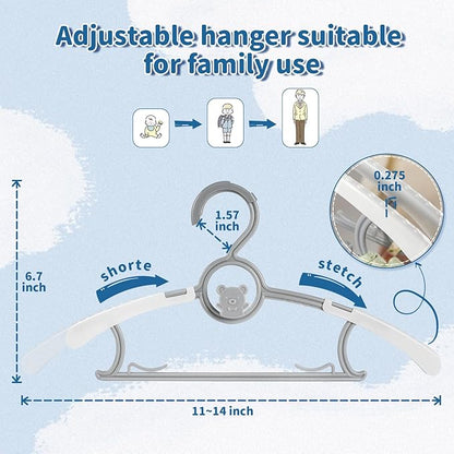 Baby Hangers for Closet Adjustable, Extendable & Stackable Kids Hangers, 11~14inch Non-Slip Plastic Kid Hangeres, Toddler Hangeres for Infant Baby Toddler Children Nursery Teen, Gray, 100PCS