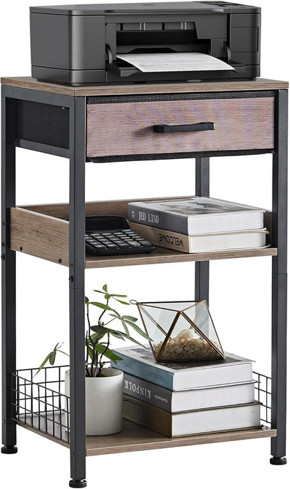 Lerliuo Grey Printer Stand with Fabric Drawer, 3 Tier Industrial Side Table, Modern Small Printer Desk Holder with Storage Shelf,Multi-Functional Bedside Tables for Home Office Fax Machine Scanner