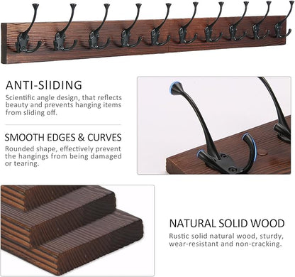 IBosins 34'' Coat Rack Wall Mount with 10 Decorative Tri-Hooks, Heavy Duty Wood Coat Hanger, Rustic Coat Hooks Rail for Entryway Living Room Coat Scarf Bag Towel Hat