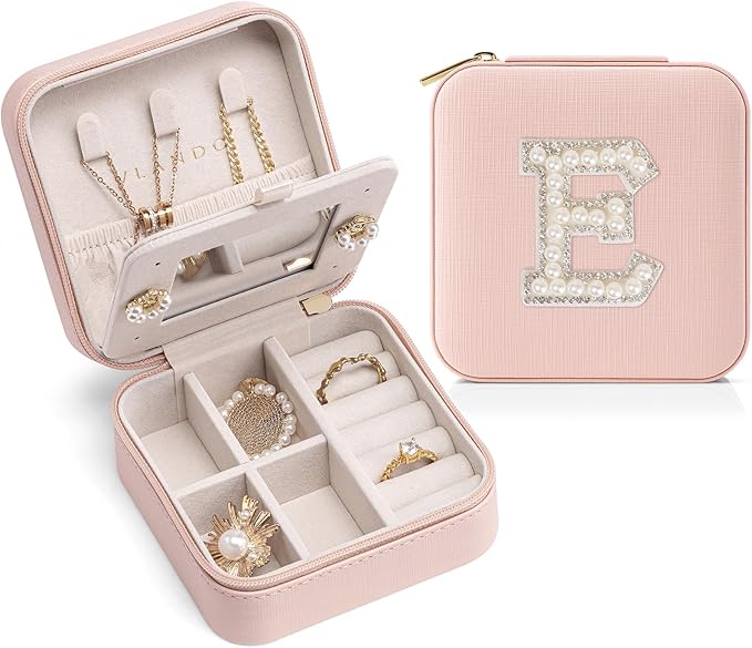Vlando Wedding Gifts for Women, Jewelry Box, Bridal Shower, Bridesmaid for Wedding Day Bride, Bridesmaid Proposal, Personalized Jewelry Case - Letter E, Pink