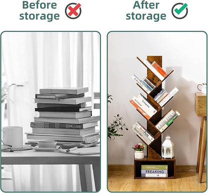 Yoobure Tree Bookshelf - 6 Shelf Retro Floor Standing Bookcase, Tall Wood Book Storage Rack for CDs/Movies/Books, Utility Book Organizer Shelves for Bedroom, Living Room, Home Office, Rustic Brown