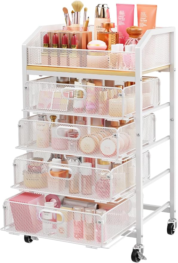 SUNALLY Makeup Organizer Cart with 4 Drawers, Rolling Makeup Storage Cart Metal Skincare Organizers, Large Vanity Storage Organizer Cosmetics Display Cases for Skin Care Perfume Nail Polish, White